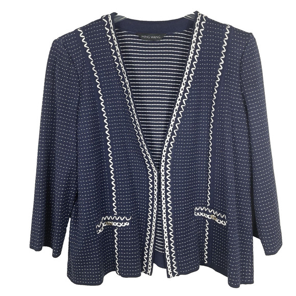 Ming Wang Jackets & Blazers - Ming Wang Cardigan Blazer Size XL Navy White Embroidered Stretch Office Career